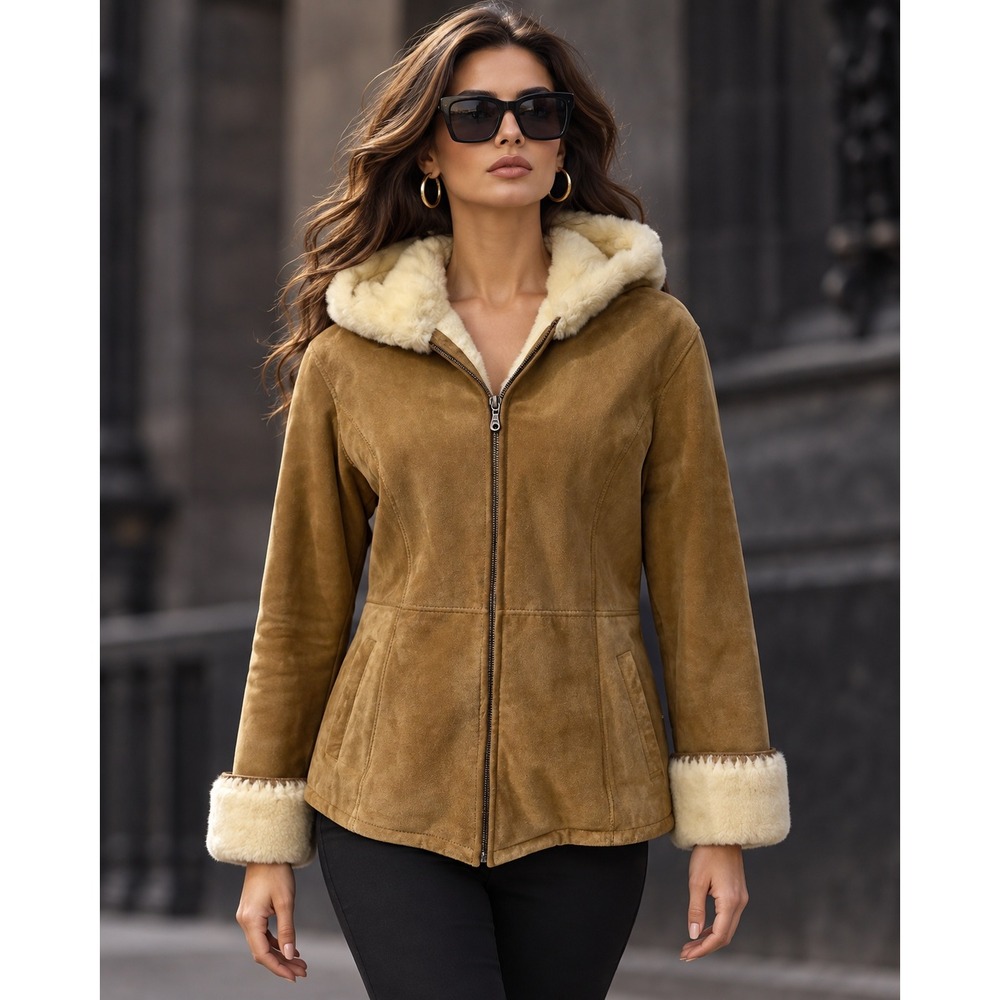 Wilsons‎ Leather Suede Hooded Coat Faux Fur Lined Tan Style Size M